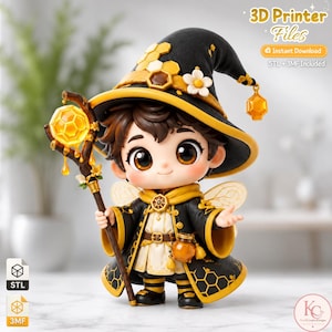 Op de afbeelding: Een 3D-printerbestand-figuurtje van een personage met een zwart-gele tovenaarshoed met honingraatpatronen en een witte bloem. Het personage draagt een bijpassend gewaad met bijenthema-details, houdt een staf vast met een gloeiende amberkleurige bol en heeft kleine vleugels. De tekst luidt 3D Printer Files, Instant Download en STL + 3MF Included.