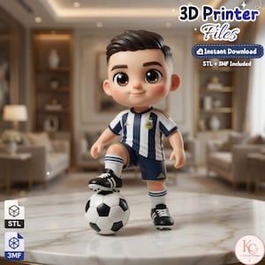 May include: A 3D figurine of a young soccer player with dark hair, wearing a white and navy blue striped jersey with an Argentina crest, navy shorts, and black cleats, with one foot resting on a black and white soccer ball. Text reads 3D Printer Files.