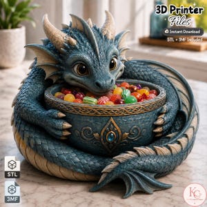 May include: A blue dragon figurine holding a bowl filled with colorful candies. The dragon has textured scales, tan horns, and large eyes. Text on the image reads 3D Printer Files, Instant Download, and STL + 3MF Included. The bowl features a gold-colored rim and a central blue gem detail.