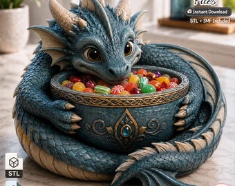 Könnte beinhalten: Eine blaue Drachenfigur, die eine mit bunten Bonbons gefüllte Schale hält. Der Drache hat strukturierte Schuppen, beige Hörner und große Augen. Der Text auf dem Bild lautet 3D Printer Files, Instant Download und STL + 3MF Included. Die Schale hat einen goldfarbenen Rand und ein zentrales blaues Edelsteindetail.