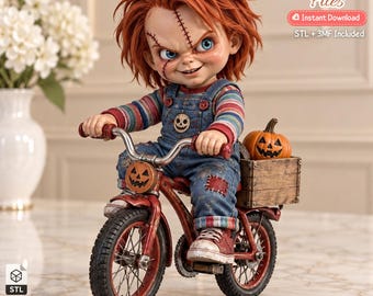 May include: A doll with messy red hair, blue eyes, and facial scars riding a red bicycle. The doll wears blue denim overalls with a pumpkin patch and a striped shirt. A wooden crate with a carved pumpkin sits on the back of the bike. Text reads 3D Printer Files, Instant Download, STL + 3MF Included.