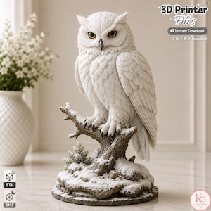 May include: A white snowy owl figurine perched on a textured brown branch with snow-covered rocks at the base. The owl has detailed white feathers and bright yellow eyes. Text in the image reads 3D Printer Files, Instant Download, STL + 3MF Included.
