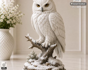 May include: A white snowy owl figurine perched on a textured brown branch with snow-covered rocks at the base. The owl has detailed white feathers and bright yellow eyes. Text in the image reads 3D Printer Files, Instant Download, STL + 3MF Included.