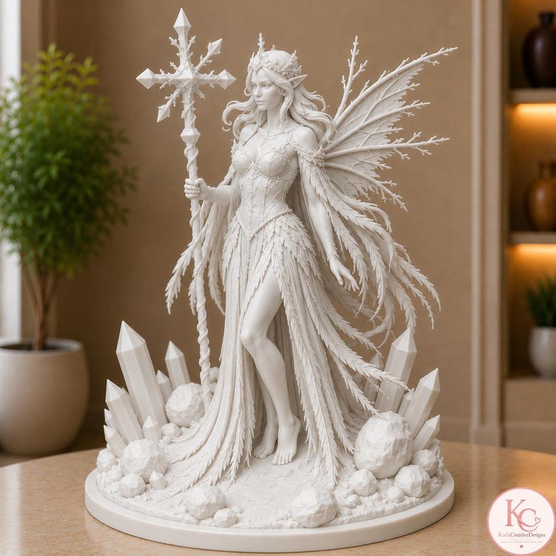Fantasy ice queen miniature STL file with detailed frozen crystal base.