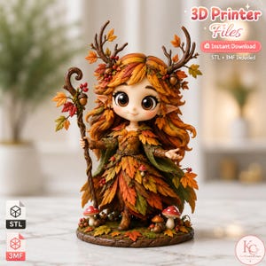 May include: A 3D printed figurine of a forest character with large eyes, wearing a dress made of autumn leaves, holding a staff adorned with leaves and berries, with antlers on their head, standing on a base with mushrooms and fallen leaves.