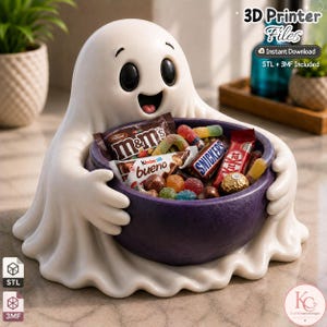May include: A white ghost figurine with large black eyes and a wide smile holding a textured purple bowl filled with assorted candies including M&Ms, Snickers, and KitKat bars. The image includes text reading 3D Printer Files, Instant Download, and STL + 3MF Included.