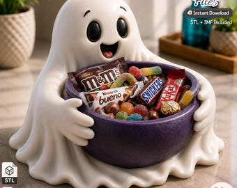 May include: A white ghost figurine holding a purple bowl filled with assorted candies including M&Ms, Kinder Bueno, Snickers, and KitKat bars. The text 3D Printer Files, Instant Download, and STL + 3MF Included is visible in the upper right corner.