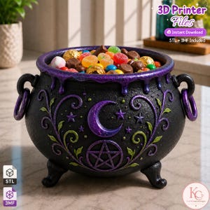 May include: A black cauldron with purple drip accents, featuring a crescent moon and pentacle design with green vine details. The cauldron has two side handles, three feet, and is filled with various colourful sweets. Text reads 3D Printer Files.