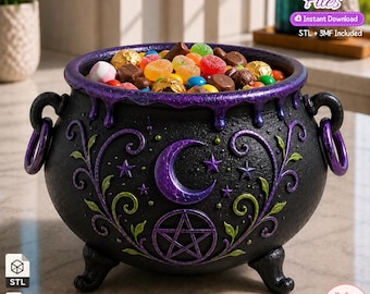 May include: A black cauldron with purple drip accents, featuring a crescent moon and pentacle design with green vine details. The cauldron has two side handles, three feet, and is filled with various colorful candies. Text reads 3D Printer Files.