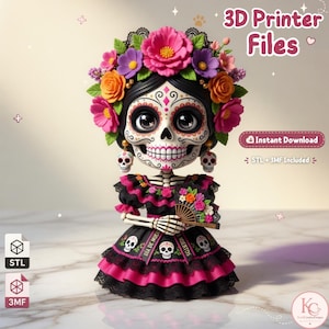 May include: A 3D printable figurine of a skeleton character with large eyes, wearing a black dress with pink ruffles and a floral headpiece. The figure holds a small fan and features text reading 3D Printer Files, Instant Download, and STL + 3MF Included.