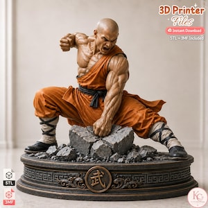 Puede incluir: Un archivo digital imprimible en 3D de una figura de artista marcial musculoso con túnica naranja, golpeando una base de piedra con el puño. La base presenta un emblema circular con el carácter chino de artes marciales. Texto: 3D Printer Files.