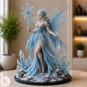 Winter fairy princess 3D printable model holding a snowflake staff.