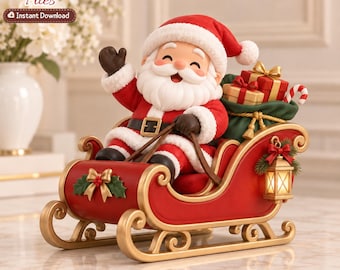 May include: A 3D printed figurine of Santa Claus waving from a red and gold sleigh. Santa wears a red suit with white trim and black gloves. The sleigh holds a green sack filled with wrapped gifts and a candy cane. A small lantern hangs from the side.