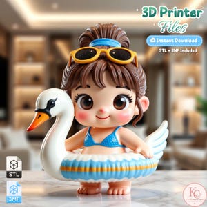 May include: A 3D printer file digital download featuring a stylized figurine of a person with brown hair in a bun, wearing yellow sunglasses and a blue bikini top, standing inside a white and blue swan-shaped pool float with orange beak details.