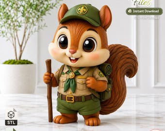 May include: A 3D printed figurine of a brown squirrel dressed as a scout, wearing a green cap, tan shirt, green neckerchief, and green shorts. The squirrel holds a brown wooden walking stick and carries a green backpack. Text reads 3D Printer Files.