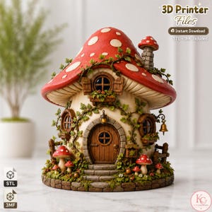 Pode incluir: Um arquivo de impressão 3D para uma casa em forma de cogumelo com um grande chapéu vermelho com pontos brancos, uma base cor de creme, uma porta central de madeira, várias janelas com persianas, trepadeiras e pequenos cogumelos decorativos.