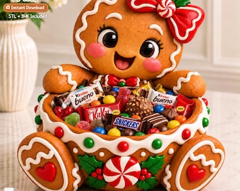 May include: A gingerbread person-shaped bowl featuring a large red bow, white icing details, and heart accents on the feet. The bowl is filled with assorted candies including KitKat, Snickers, and Kinder Bueno bars, along with colorful chocolate candies.