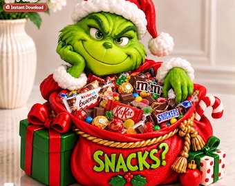 May include: A green character wearing a red Santa hat with white trim, leaning over a large red sack filled with assorted candy bars like KitKat, Snickers, and M&Ms. The sack features the text SNACKS? and is flanked by two gift boxes.