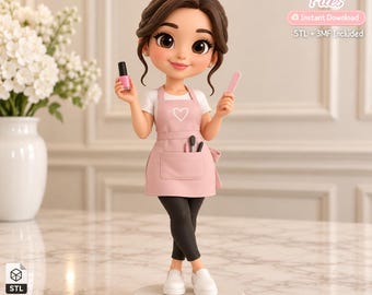 May include: A 3D printed figurine of a nail technician with brown hair in a bun, wearing a white t-shirt, a pink apron with a heart icon, and black leggings. The figure holds a pink nail polish bottle and a nail file, standing on a round base.