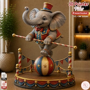 Puede incluir: Un archivo digital imprimible en 3D que muestra una figura de elefante de circo equilibrándose sobre una pelota. El elefante lleva un sombrero de copa rojo, un chaleco azul y rojo con pajarita y sostiene una vara de equilibrio a rayas.