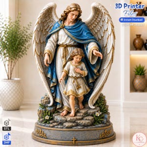 Op de afbeelding: Een decoratief standbeeld met een gevleugelde engel in een blauw en wit gewaad die een klein kind in een witte tuniek begeleidt. De figuren staan op een rotsachtige basis met kleine bloemen. De tekst luidt 3D Printer Files, Instant Download, STL + 3MF Included.