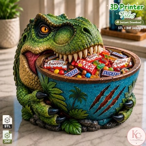 Könnte beinhalten: Eine grüne Schale in Dinosaurierform, gefüllt mit verschiedenen Schokoriegeln wie Kinder Bueno, KitKat und Snickers. Die Schale hat eine strukturierte blaue Außenseite mit Palmen- und Krallenspuren. Der Text umfasst 3D Printer Files, Instant Download und STL + 3MF Included.
