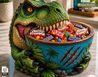 May include: A green dinosaur-shaped bowl filled with assorted candy bars including Kinder Bueno, KitKat, and Snickers. The bowl features a textured blue exterior with palm tree and claw mark details. Text includes 3D Printer Files, Instant Download, and STL + 3MF Included.