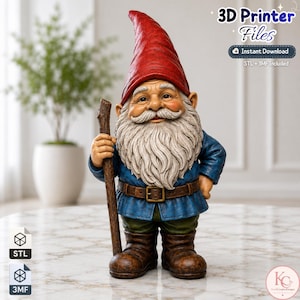 May include: A garden gnome figurine with a tall red hat, a long white beard, a blue jacket, a brown belt, and brown boots. The gnome holds a wooden walking stick. Text in the image reads 3D Printer Files, Instant Download, STL + 3MF Included.
