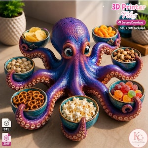 May include: A purple and blue octopus figurine holding five small teal bowls filled with various snacks. The octopus has large eyes and textured skin. Text on the image reads 3D Printer Files, Instant Download, and STL + 3MF Included.