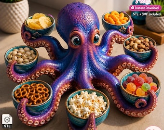 May include: A purple and blue octopus-shaped snack server featuring six teal bowls held by its tentacles, each filled with various snacks including popcorn, pretzels, nuts, and candy. Text reads 3D Printer Files, Instant Download, STL + 3MF Included.