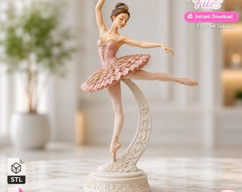 May include: A digital 3D printer file for a ballerina figurine featuring a dancer in a pink and gold tutu, posed on a crescent-shaped base with floral carvings. The text reads 3D Printer Files, Instant Download, and STL + 3MF Included.