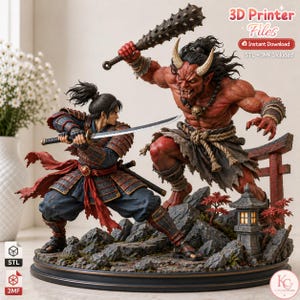 Könnte beinhalten: Ein 3D-Druck-Dateisatz mit einem Samurai in blau-roter Rüstung, der ein Katana führt, gegenüber einem großen roten gehörnten Dämon mit einer Stachelkeule. Die Szene umfasst eine Steinlaterne und ein Torii-Tor auf einem felsigen Sockel. Text: 3D Printer Files.