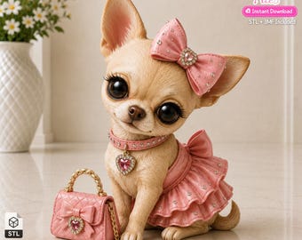 Puede incluir: Una figura de chihuahua color canela con grandes ojos oscuros, que lleva un vestido rosa con volantes, un lazo rosa a juego en la cabeza y un collar rosa con un colgante en forma de corazón. Un pequeño bolso rosa acolchado con cadena dorada está al lado.