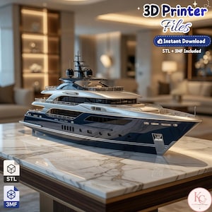 May include: A detailed model of a luxury yacht with a dark blue hull and silver upper decks. Text on the image reads 3D Printer Files, Instant Download, and STL + 3MF Included. The model features multiple levels, railings, and a mast structure.