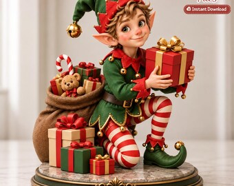May include: A 3D printed figurine of a kneeling elf wearing a green and red outfit with a matching hat, holding a red gift box with a gold ribbon. Beside the elf is a brown sack filled with gifts, a teddy bear, and a candy cane.