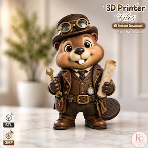 Könnte beinhalten: Eine braune Biberfigur mit braunem Hut, Schutzbrille, brauner Weste und Werkzeuggürtel. Der Biber hält einen goldenen Schraubenschlüssel und einen aufgerollten Bauplan. Text: 3D Printer Files, Instant Download, STL + 3MF Included, STL, 3MF.