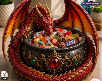 May include: A red dragon sculpture coiled around a dark, textured bowl filled with assorted sweets. The bowl features ornate gold-toned filigree accents with a large central red gemstone and two smaller green gemstones. Text reads 3D Printer Files.