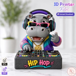 Hip Hop Hippo DJ STL 3MF Printable Model, Realistic Hippopotamus Digital Download