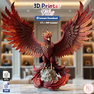 May include: A digital 3D printer file of a phoenix with expansive, detailed red and orange wings, perched on a decorative stone-like base. The text reads 3D Printer Files, Instant Download, and STL + 3MF Included, with file format icons.