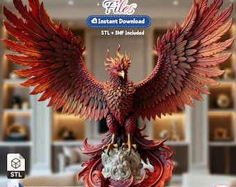 May include: A digital 3D printer file of a phoenix with expansive, detailed red and orange wings, perched on a decorative stone-like base. The text reads 3D Printer Files, Instant Download, and STL + 3MF Included, with file format icons.