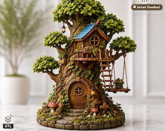 May include: A 3D printer file for a treehouse model featuring a brown trunk, a blue roof, a wooden door, a ladder, and a hanging swing. The structure includes green foliage, small mushrooms, and lanterns. Text reads 3D Printer Files, Instant Download, STL + 3MF Included.