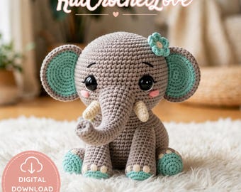 PDF de Amigurumi de Elefante Bebê, Tutorial de Pelúcia Kawaii, Molde para Presente de Berçário DIY
