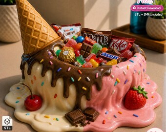 May include: A 3D printed bowl shaped like a melting ice cream sundae with a waffle cone, topped with chocolate ganache, sprinkles, a cherry, and a strawberry. The bowl is filled with various candy bars and sweets. Text reads 3D Printer Files.