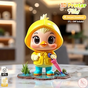 May include: A 3D printed figurine of a yellow duckling wearing a yellow hooded raincoat and blue rain boots, holding a pink umbrella. The duckling stands on a base with green grass and blue water puddles. Text reads 3D Printer Files, Instant Download, STL + 3MF Included.