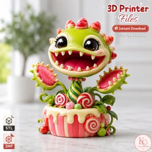May include: A 3D printer file digital download featuring a green carnivorous plant character with large black eyes, sharp teeth, and red-spotted head spikes. The base is a striped cupcake with red and white swirl candies and pink frosting.