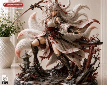 May include: A 3D printable digital file set for a multi-tailed fox character figurine. The character wears a white and red patterned kimono, a fox mask, and armor, holding a katana. The base features a torii gate, stone lantern, and maple leaves.