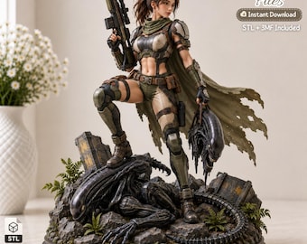 May include: A 3D printable digital file set featuring a female soldier figurine in tactical armor holding a rifle and an alien head. The base depicts a defeated alien creature on rocky terrain. Text includes 3D Printer Files, Instant Download, STL + 3MF Included.
