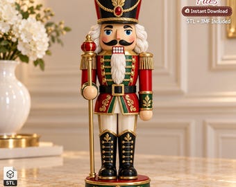 May include: A nutcracker figurine featuring a black hat with a gold leaf emblem, a red and green uniform with gold trim, and a white beard. The figure holds a gold staff and stands on a circular base. Text reads 3D Printer Files, Instant Download, STL + 3MF Included.