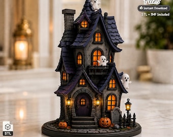 May include: A 3D printed haunted house model featuring a dark purple roof, grey stone walls, and glowing orange windows. Three white ghost figures are positioned on the roof, balcony, and side. Two orange pumpkins and a black lamp post sit outside.