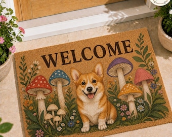 Corgi Welcome Doormat, Cute Dog Mushroom Front Door Mat, Cottagecore Pet Lover Porch Rug, Funny Corgi Housewarming Gift